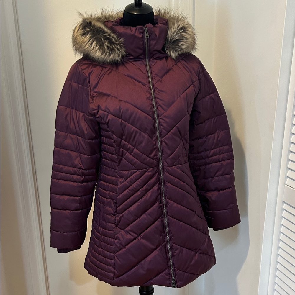 Lands' End Women's Puffer Jacket with Faux Fur Hood - Burgundy